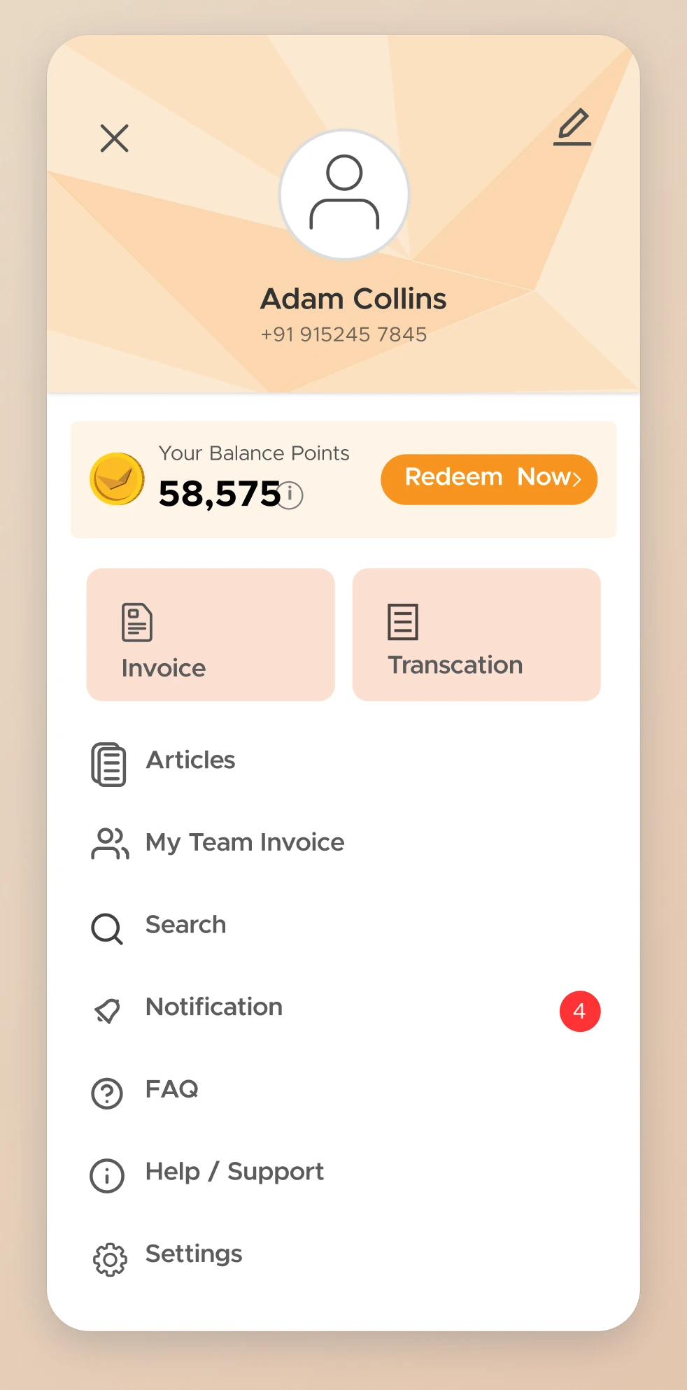 Profile menu screen