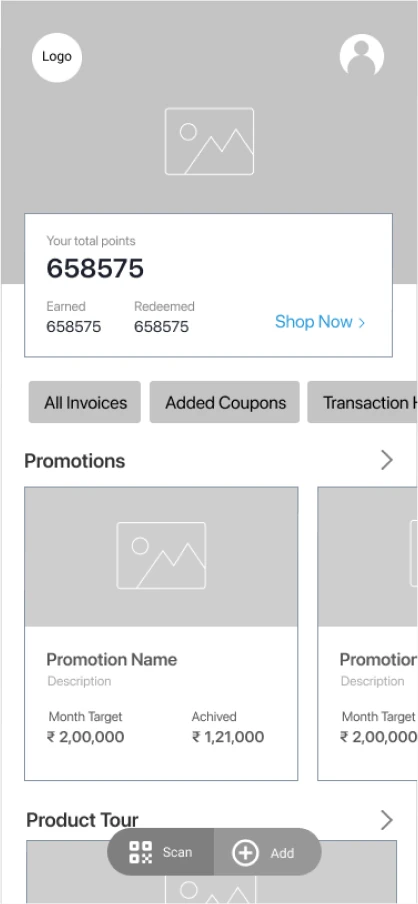 Wireframe: Home with points card and promotions