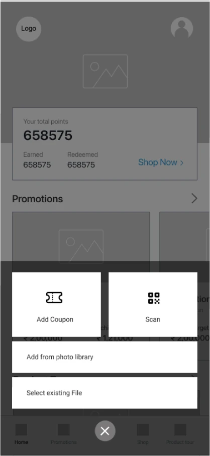 Wireframe: Add coupon or scan sheet