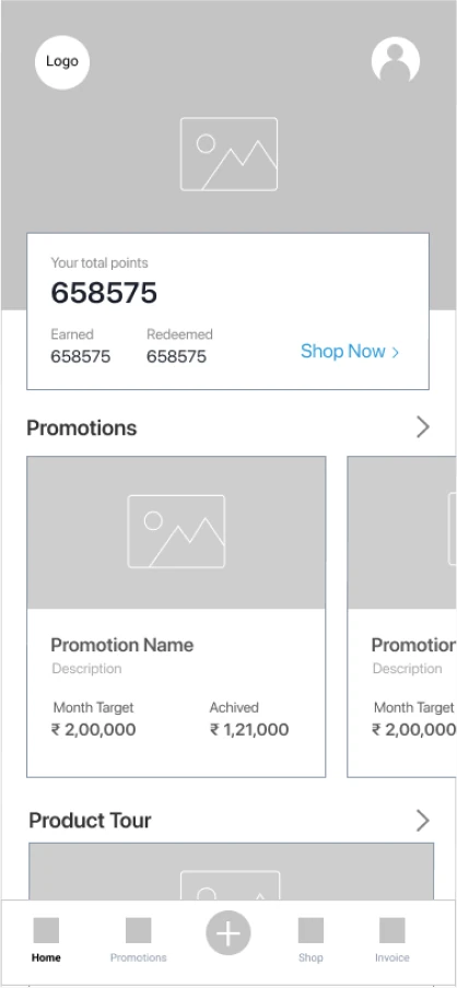 Wireframe: Home with bottom navigation