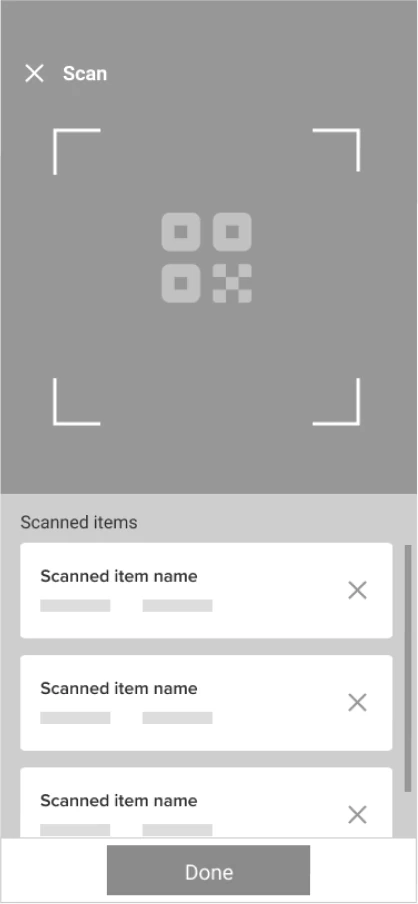 Wireframe: QR scan with scanned items