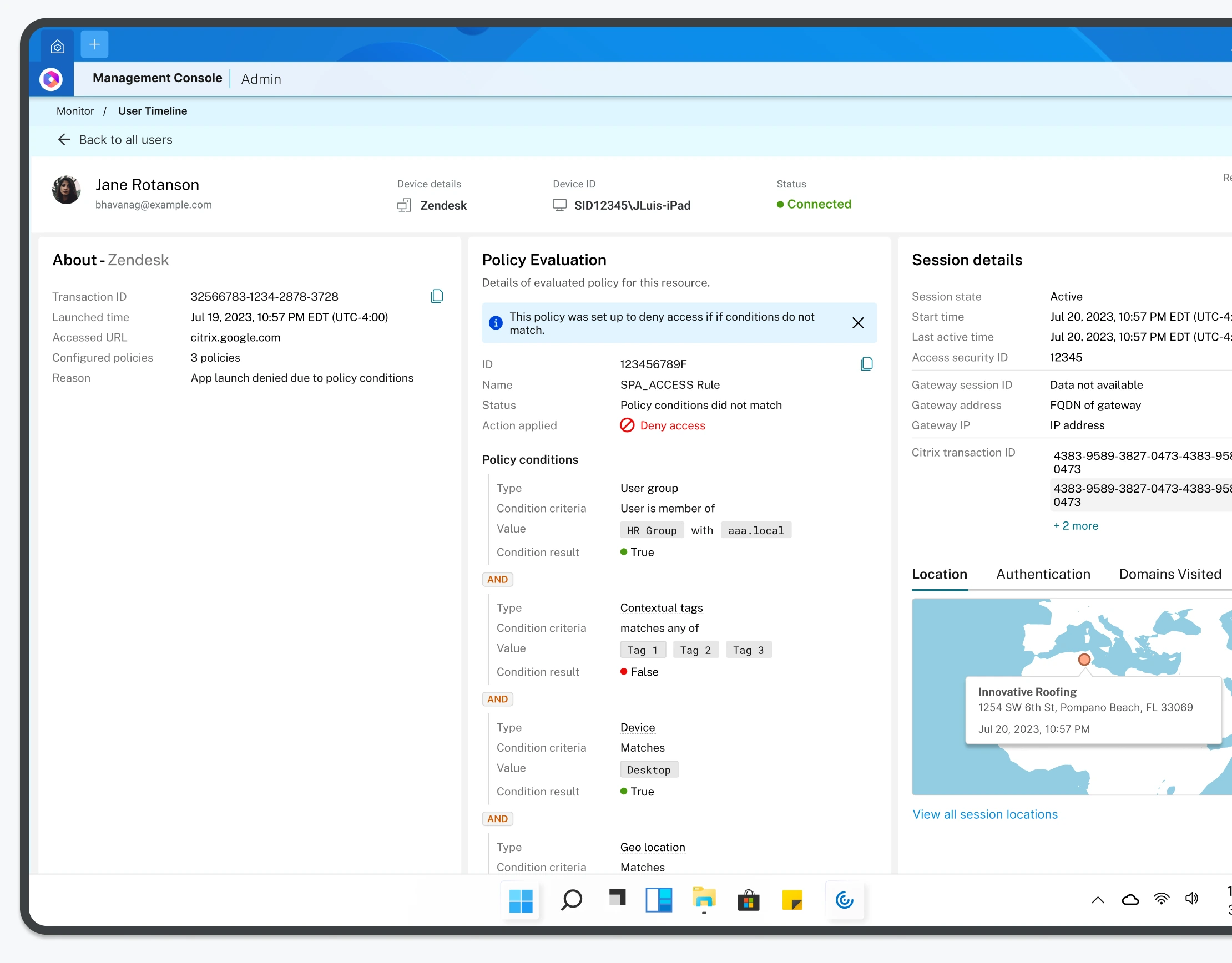 User timeline with policy evaluation and session details