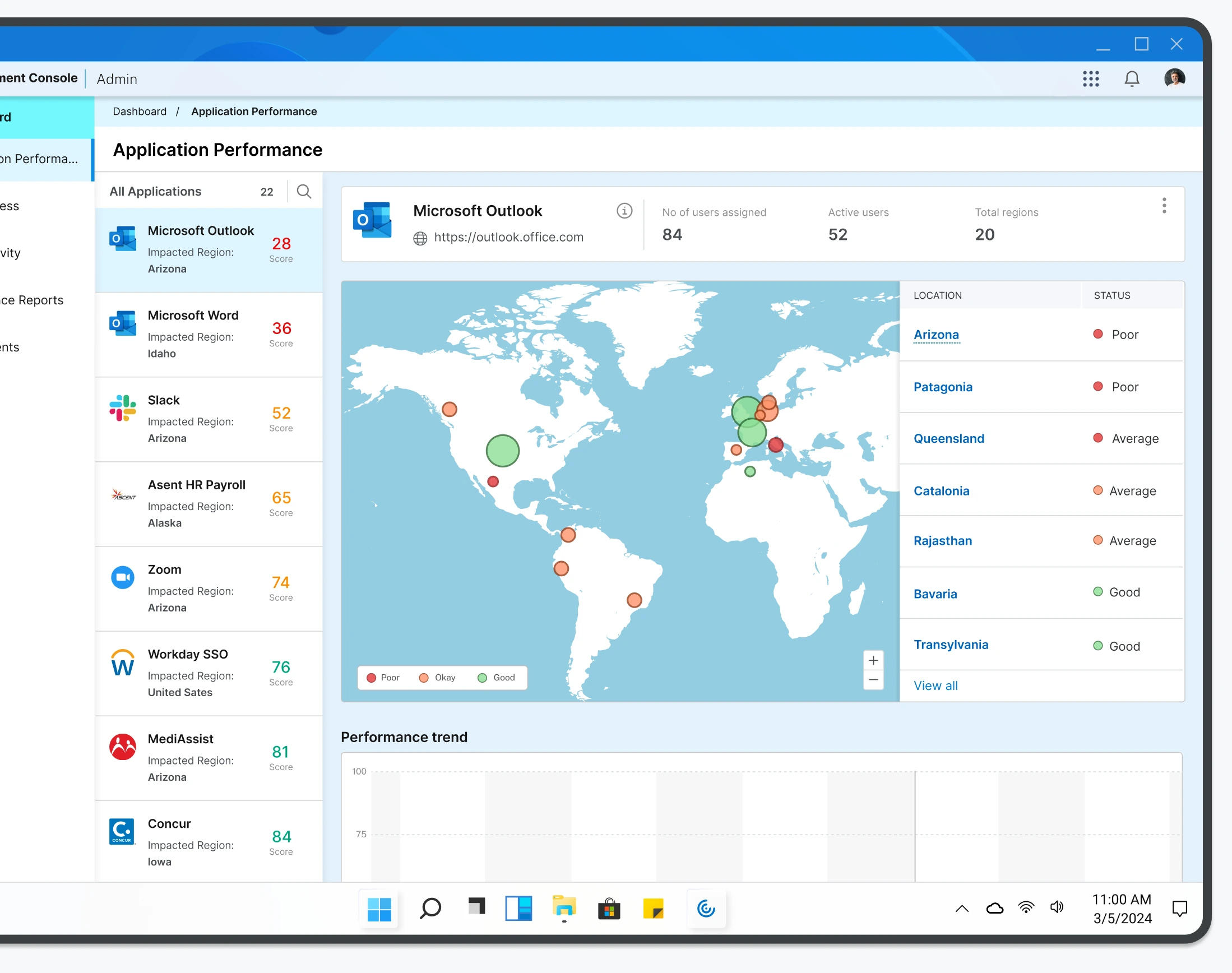 Application performance dashboard with world map