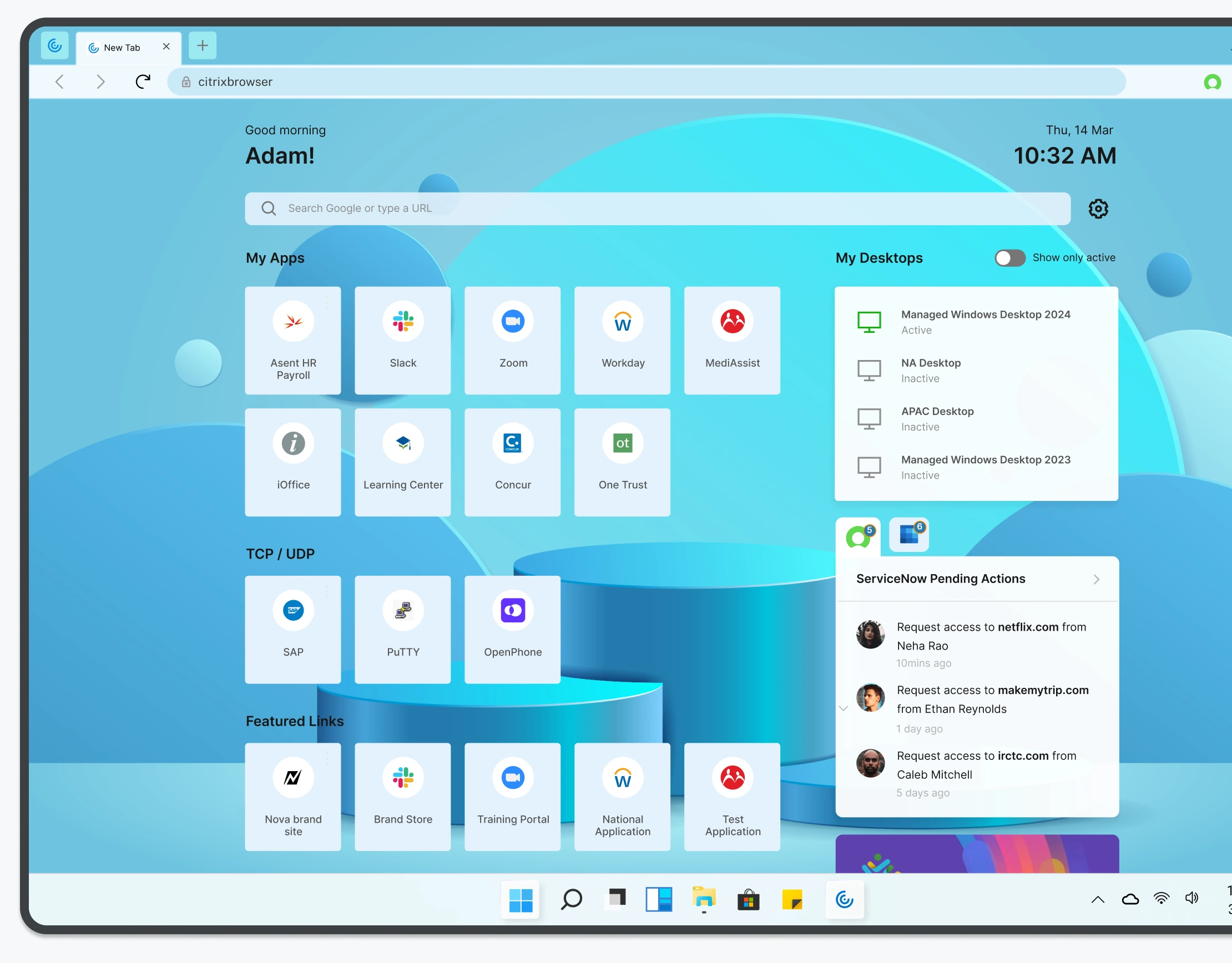 Enterprise browser home with apps and desktops