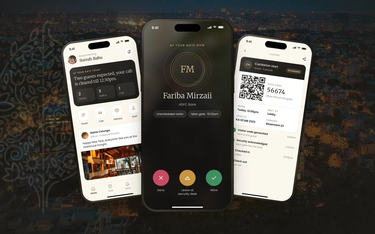 Svasa Living OS app screens: home, visitor at the gate and a guest pass