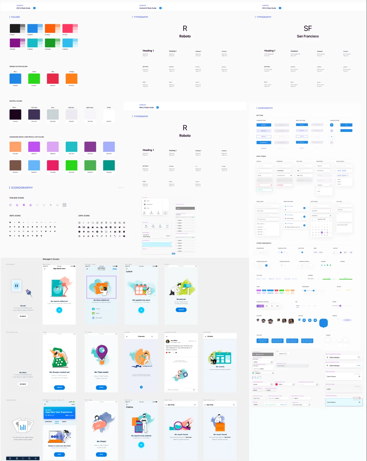 Hubbler design system: colours, typography, iconography, components and empty states