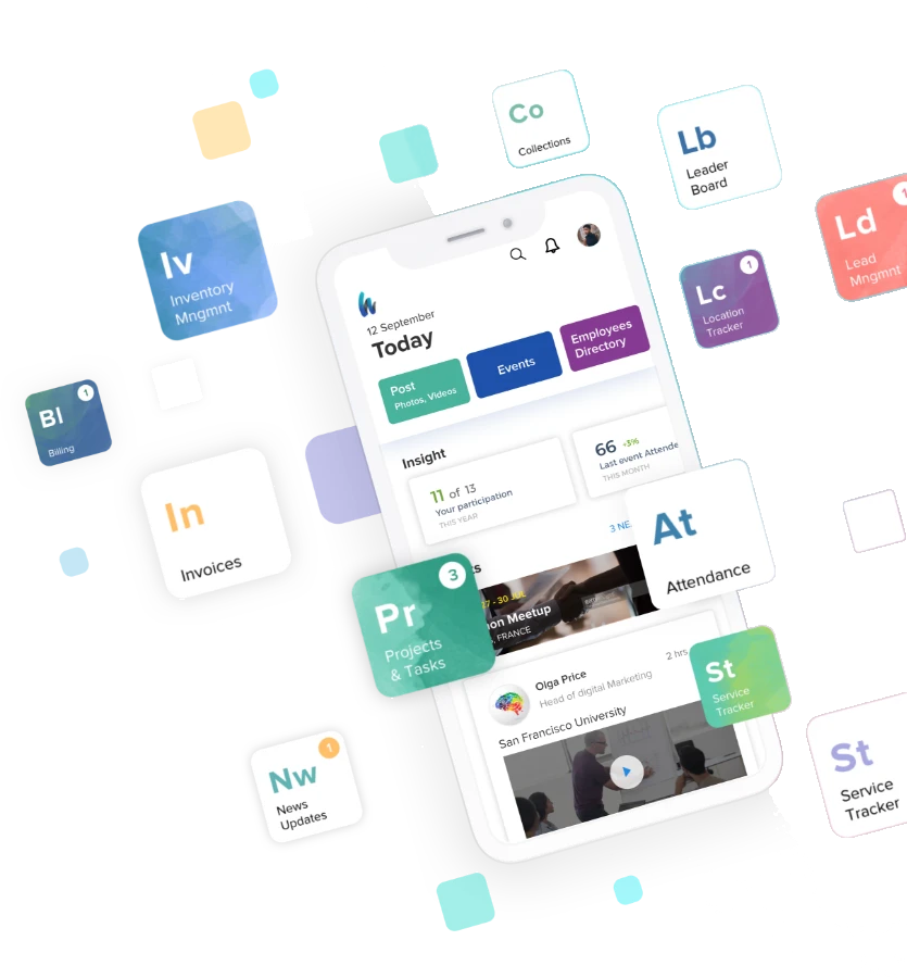 Hubbler mobile app with app tiles for invoices, attendance, leads and more