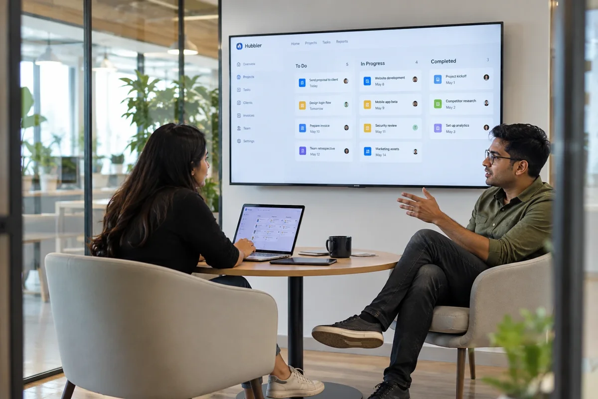 A designer and a client talking through a Hubbler project board
