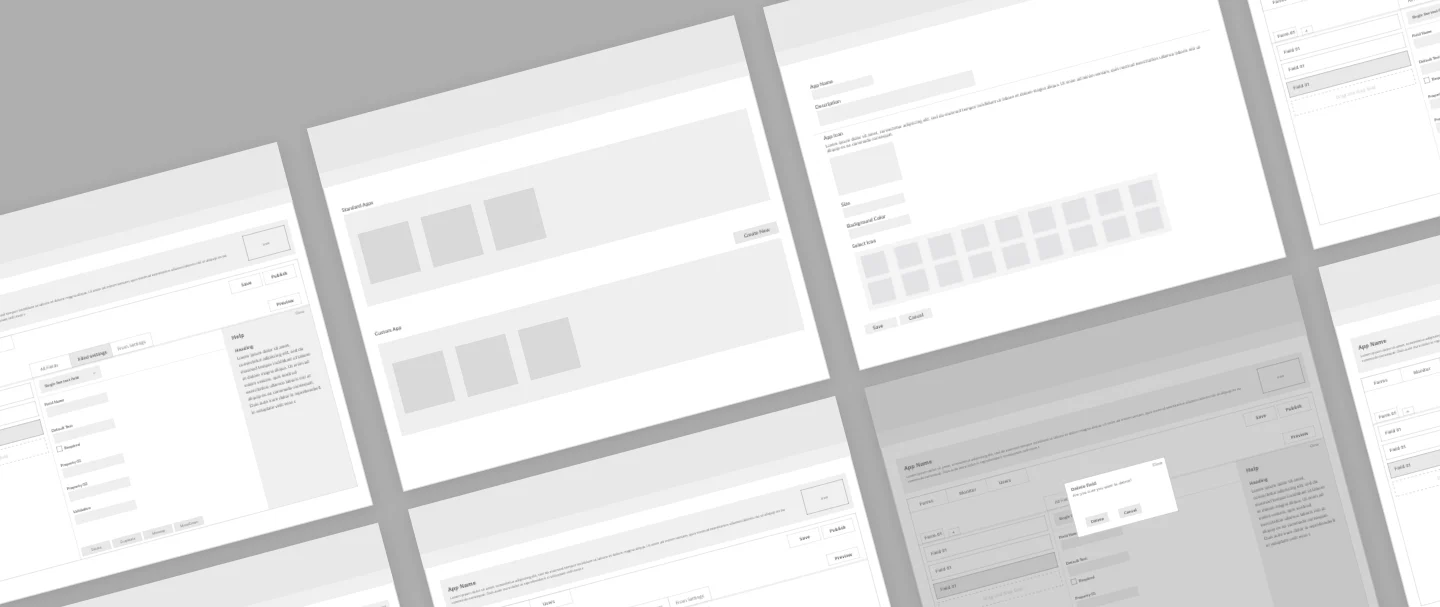 Low fidelity wireframes of App Studio