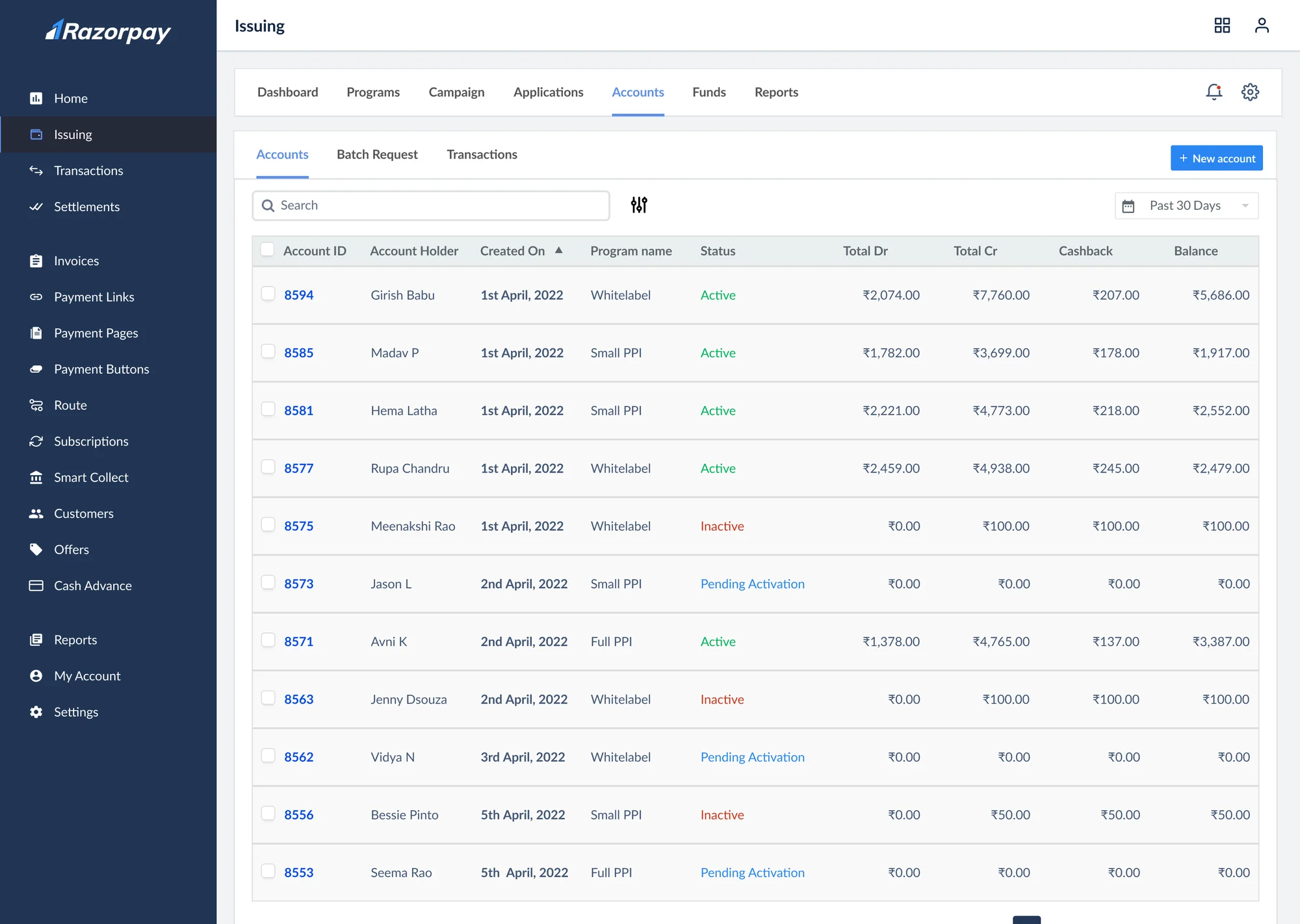 Accounts: every wallet account with type, status and balance