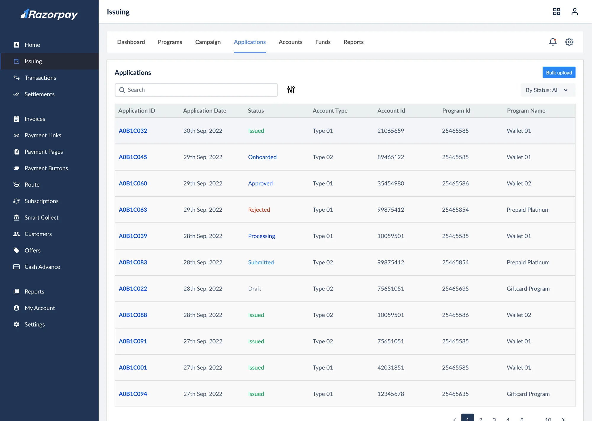 Applications: KYC applications with status