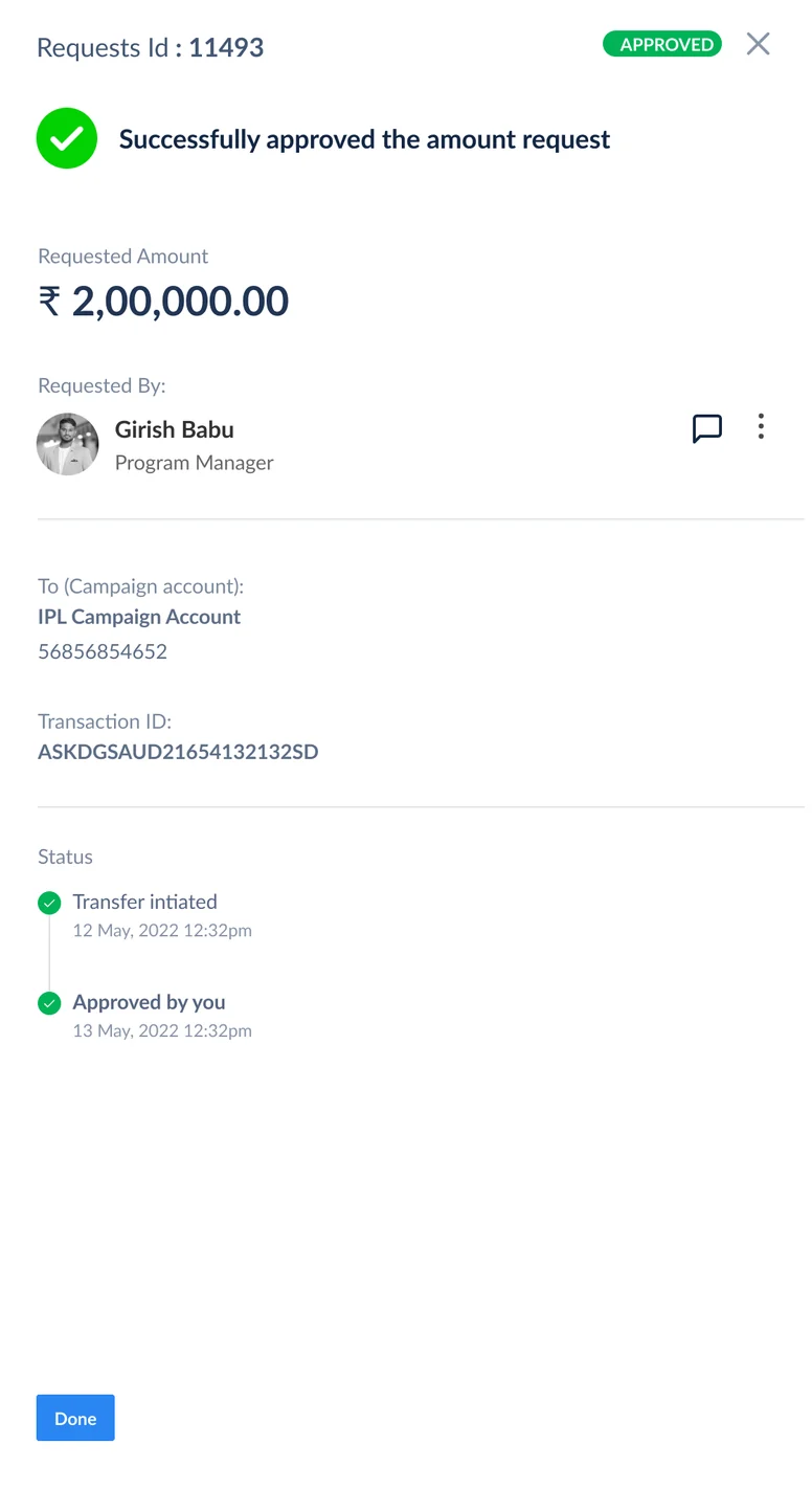 Successfully approved the amount request
