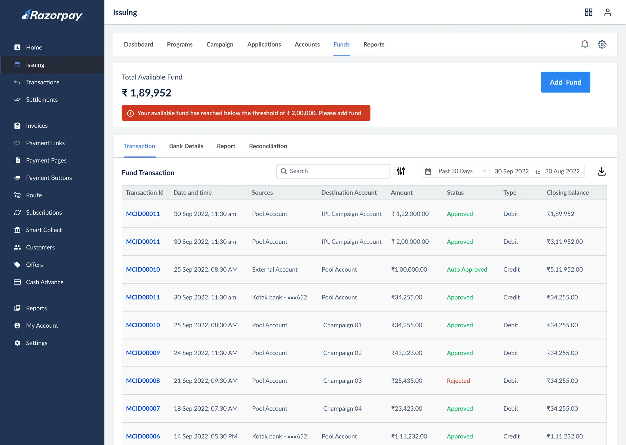 Low balance alert on the funds page