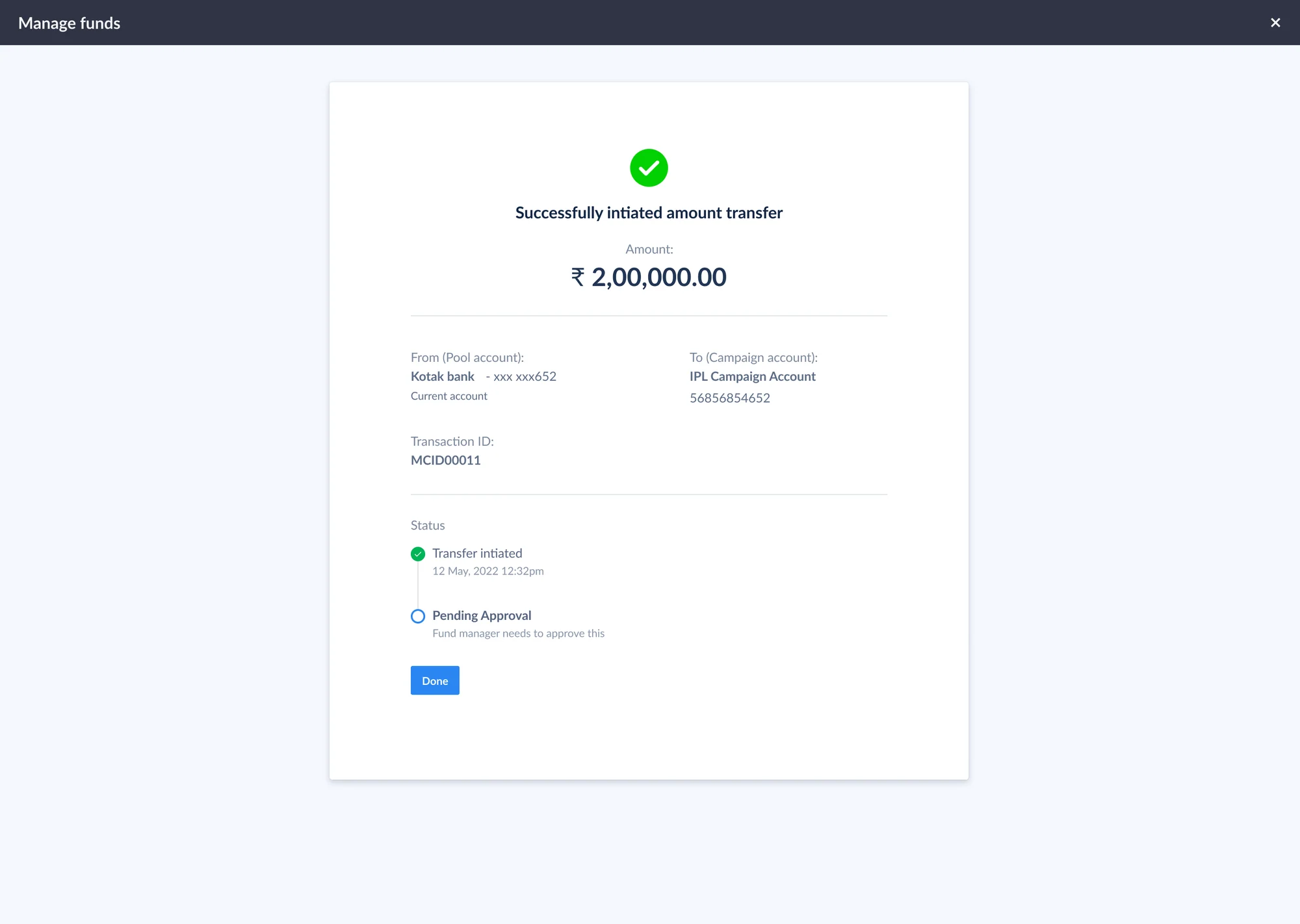Successfully initiated amount transfer of ₹2,00,000