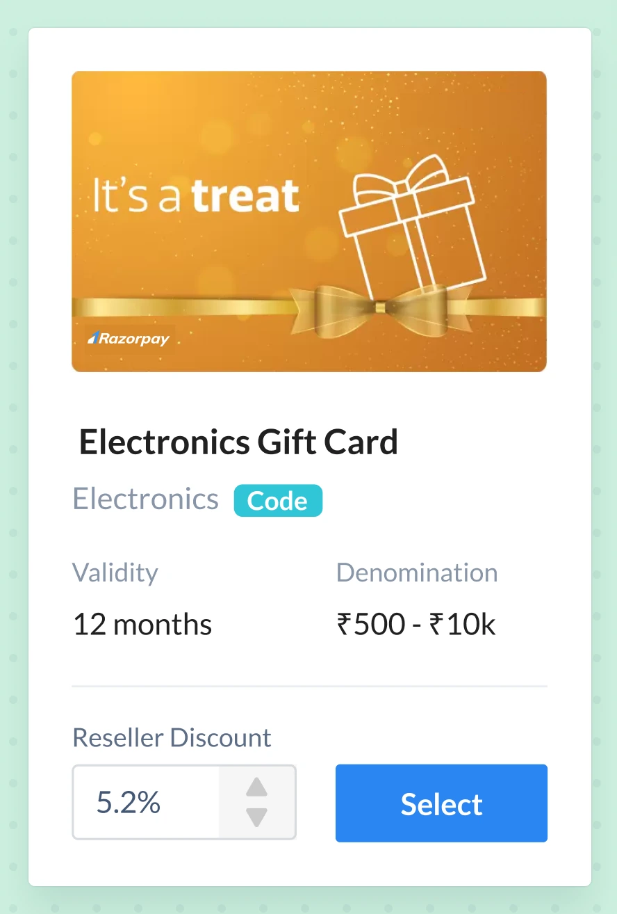 Electronics gift card with reseller discount