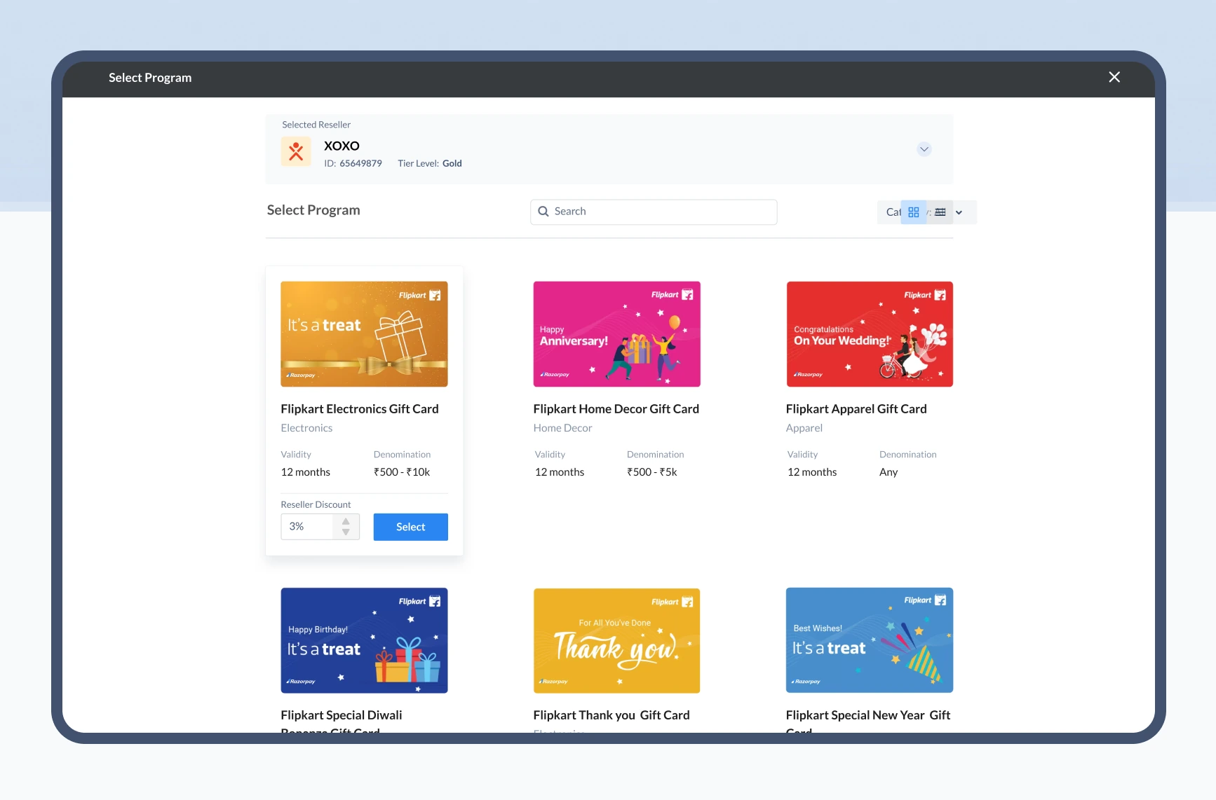 Select program dialog with Flipkart gift cards