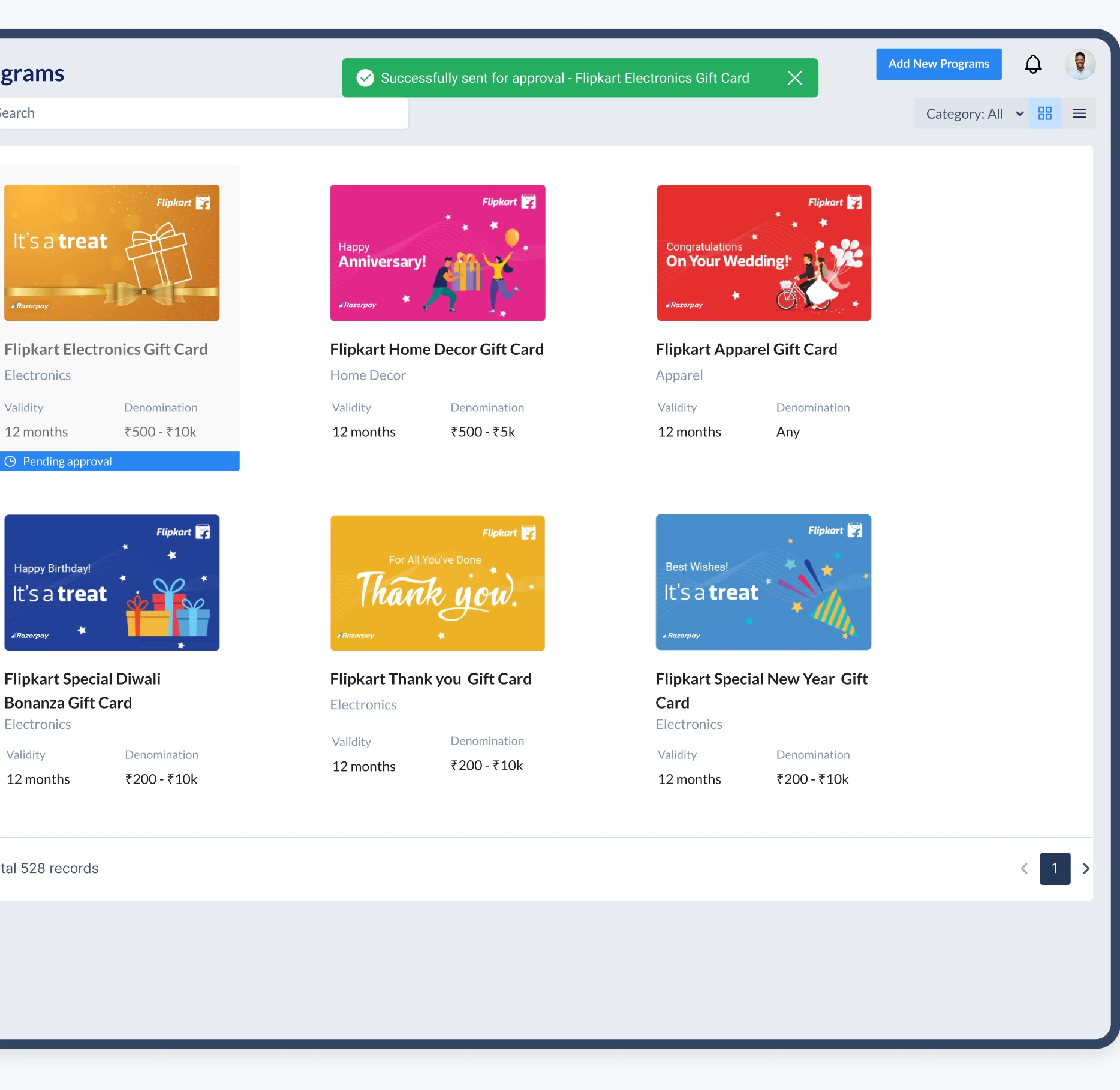Programs list with gift cards