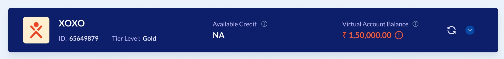 Reseller header: XOXO, available credit and virtual account balance